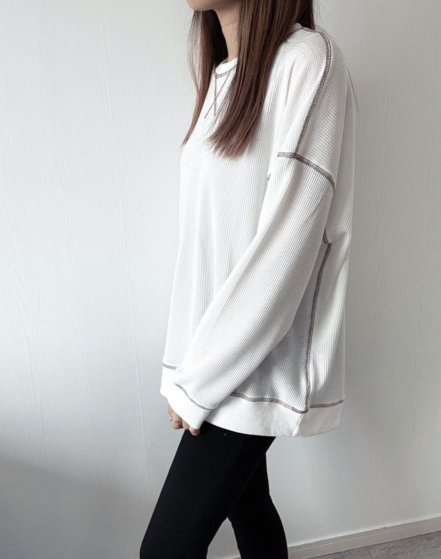 ワッフル配色ステッチルーズカットソー