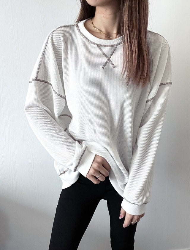 ワッフル配色ステッチルーズカットソー