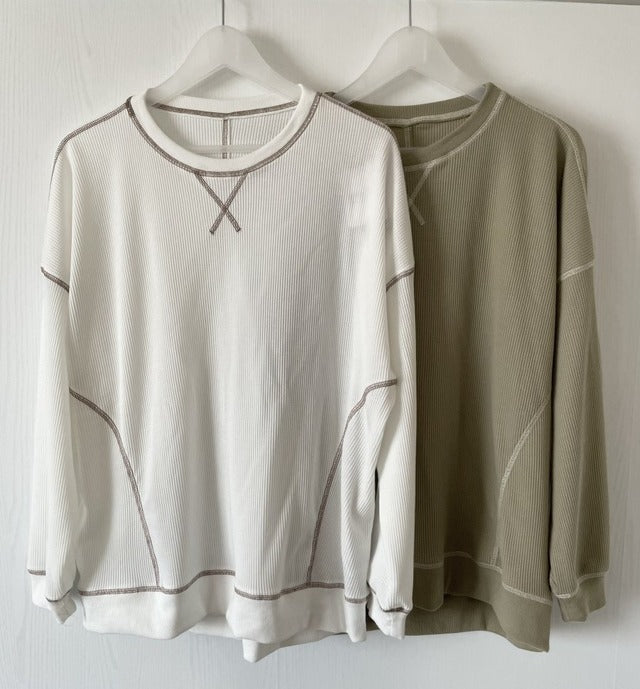ワッフル配色ステッチルーズカットソー