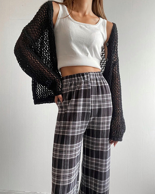 チェックプリーツワイドパンツ