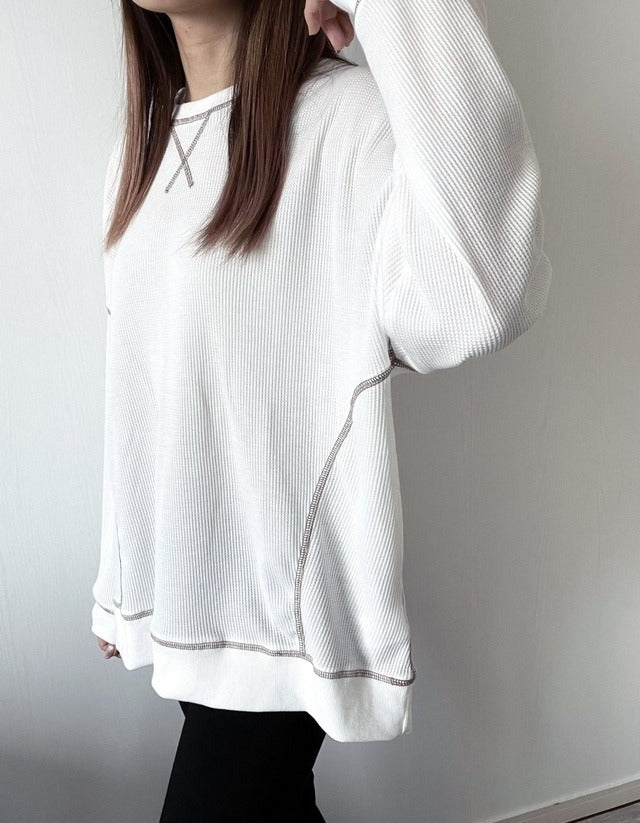 ワッフル配色ステッチルーズカットソー