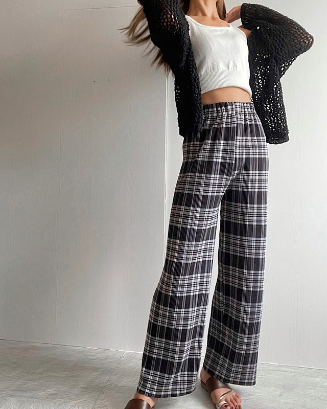 チェックプリーツワイドパンツ