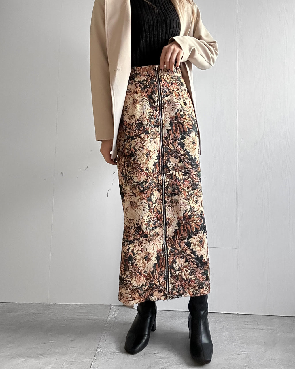 ヴィンテージフラワー ジップアップロングスカート