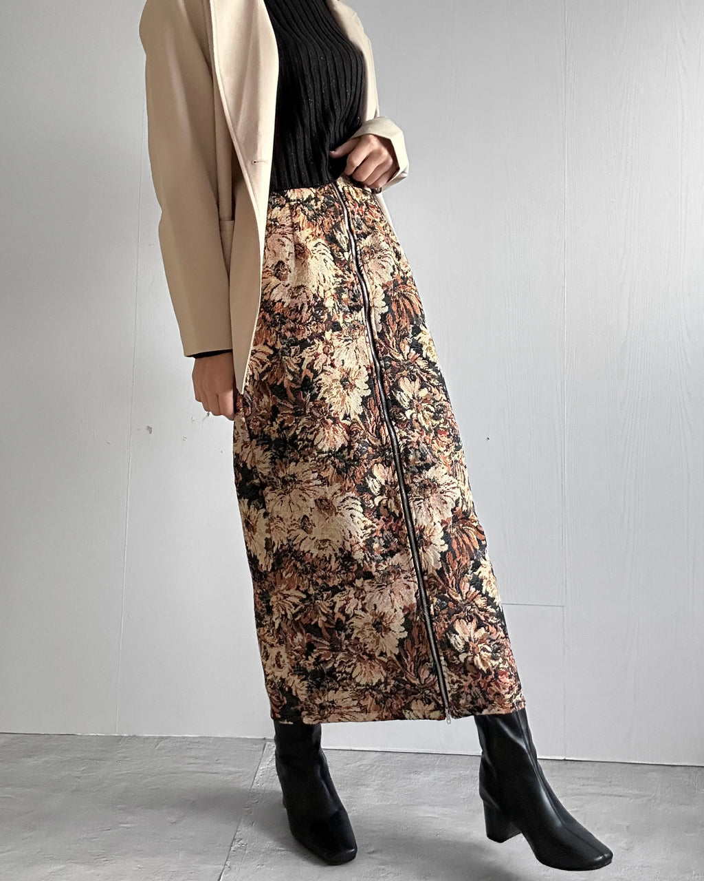 ヴィンテージフラワー ジップアップロングスカート