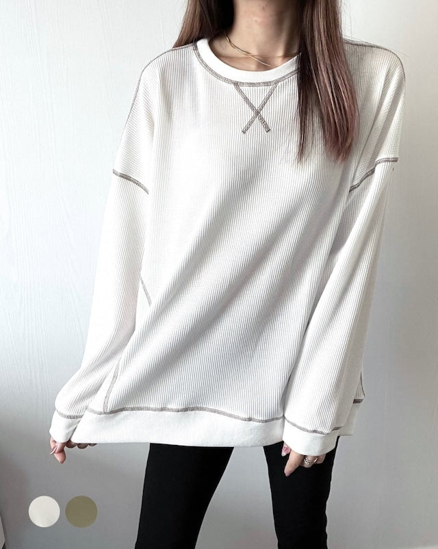ワッフル配色ステッチルーズカットソー